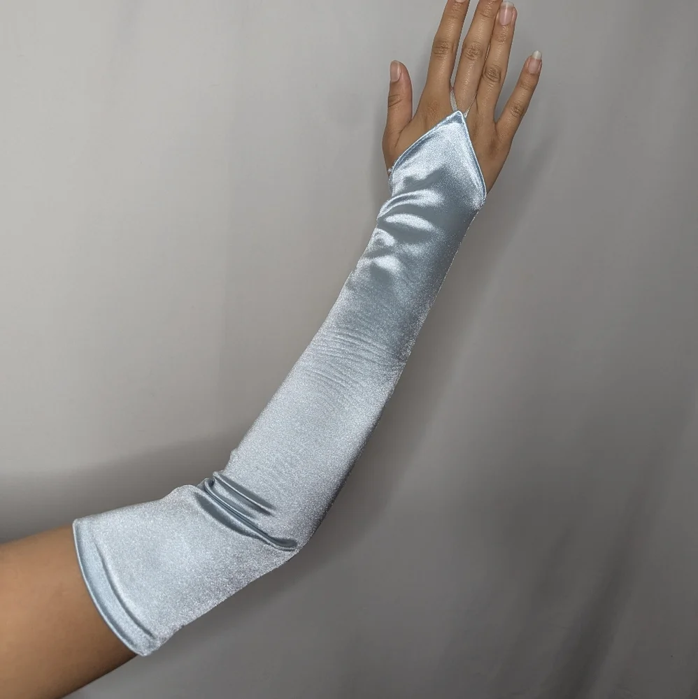New Womens Pale Light Blue Satin Bridesmaid Fingerless Gloves One Size